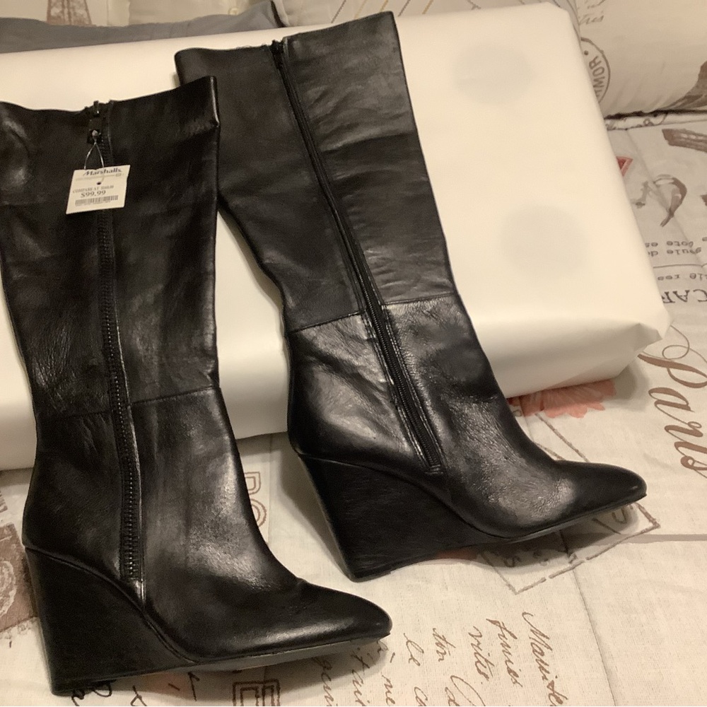 Elegant Black Leather Wedge Boots New